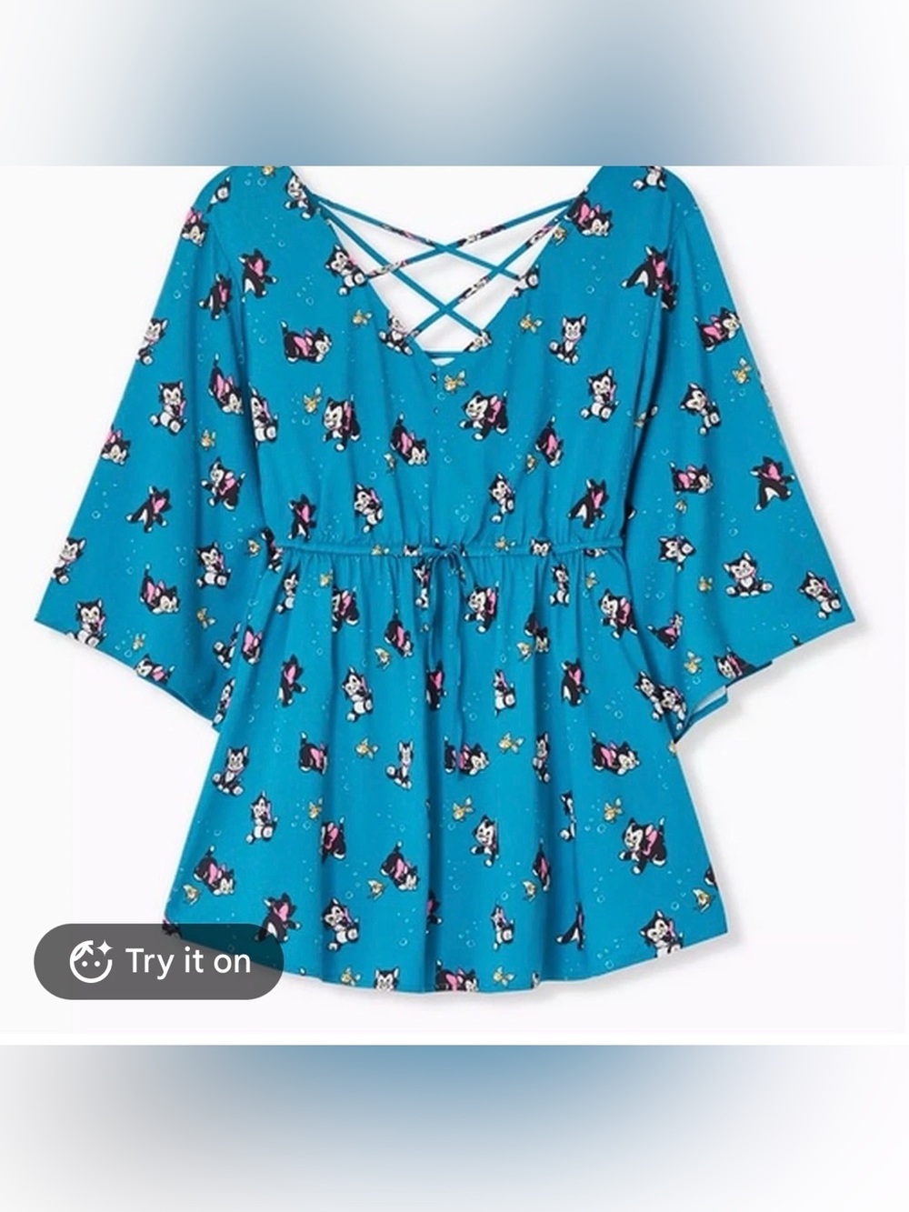 Torrid Disney Pinocchio Figaro AOP peplum tie front 3/4 sleeve blouse 4X(flawed)